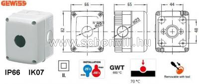 GEWISS GW27101 Ø22mm Nyomógomb ház 1 férőhelyes IP66 66x82x65mm 1.