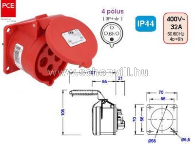 PCE 324-6 beépíthető dugalj 32A 4-pólusú (3P+F) IP44 400V~ 6h 1.