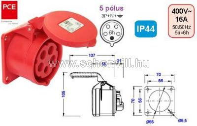 PCE 315-6 beépíthető dugalj 16A 5-pólusú IP44 400V~ 6h 1.