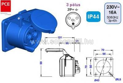 PCE 313-6 beépíthető dugalj 16A 3-pólusú IP44 230V~ 6h 1.