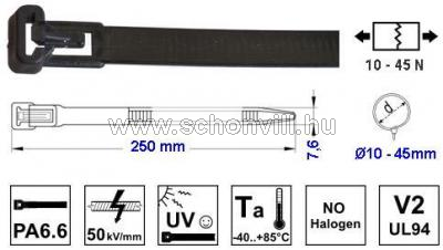 TRACON 261-NY Nyitható kábelkötegelő 250x7,6 mm fekete PA6.6 1.