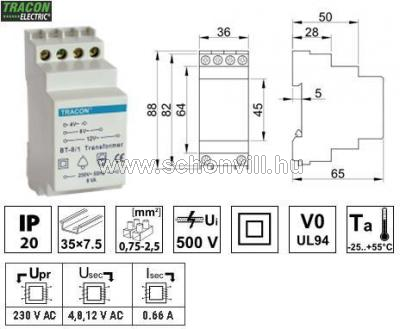 TRACON BT-8/1 Biztonsági (csengő) transzformátor 230 V/4-8-12 V AC 1.