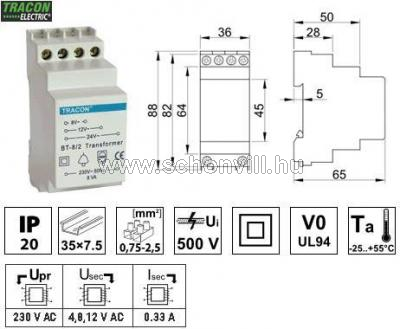 TRACON BT-8/2 Biztonsági (csengő) transzformátor 230 V/8-12-24 V AC 1.