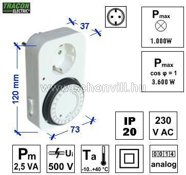 TRACON TKO-DN Dugaszolható kapcsolóóra, napi, elektromech., 230V, 16A 1.