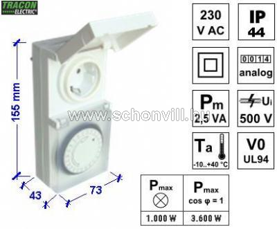 TRACON TKO-DNV IP44 dugaszolható NAPI programozású elektromech.kapcsolóóra 1.