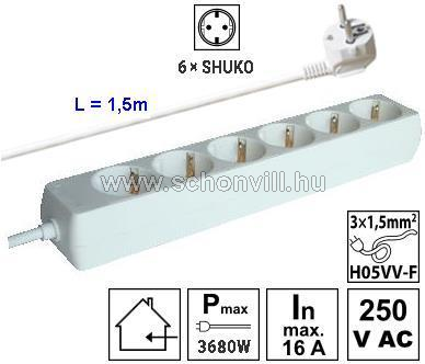 TRACON H6 Hordozható elosztósáv 6 db SHUKO, 1,5 m, 230 V, 16 A 1.