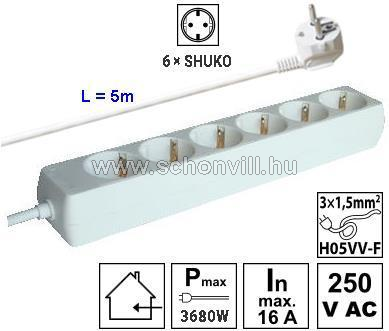 TRACON H6-5M Hordozható elosztósáv 6 db SHUKO, 5 m, 230 V, 10 A 1.