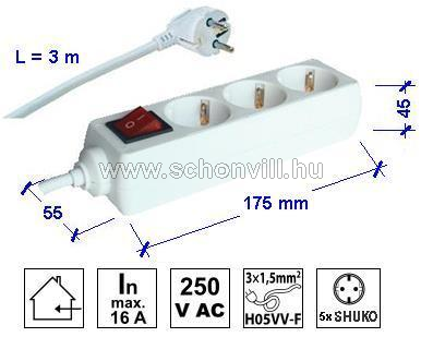 TRACON HK3-3M Hordozható elosztósáv kapcsolóval 3 db SHUKO, 3m 3x1,5mm², 230V, 16A 1.