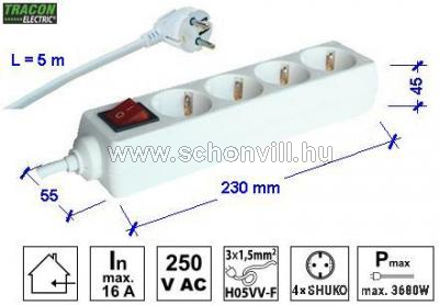 TRACON HK4-5M Hordozható elosztósáv kapcsolóval 4 db SHUKO, 5m, 230V, 10A 1.