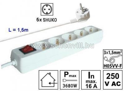 TRACON HK5 Hordozható elosztósáv kapcsolóval 5db SHUKO dugalj, 1,5m 230V 16A 1.