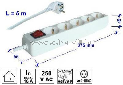 TRACON HK5-5M Hordozh. elosztósáv kapcsolóval 5 db SHUKO, 5 m, 230 V, 10 A 1.