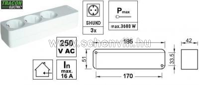 TRACON HUR-03 Újravezetékezhető hord. elosztósáv 3 SHUKO, 16 A vez. nélkül 1.