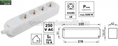 TRACON HUR-04 Újravezetékezhető hord. elosztósáv 4 SHUKO, 16A vez. nélkül 1.