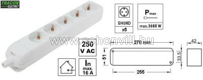 TRACON HUR-05 Újravezetékezhető hord. elosztósáv 5 SHUKO, 16 A vez. nélkül 1.