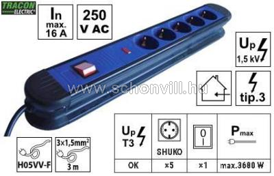 TRACON HKT5-3M Ötös hordozható elosztósáv túlfeszültség-védelemmel, 3 m 1.