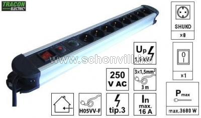 TRACON HKTM8-3M-ALU 8-as ALU elosztósáv 3m, +kapcs. +túlfesz. +túláram véd. 1.