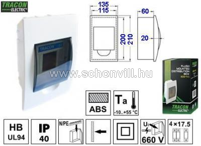 TRACON EDS-4/1 Elosztódoboz sülyesztett 1 sor/4 modul, füstszínű ajtó, IP42 1.