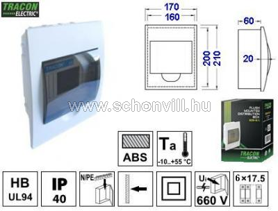 TRACON EDS-6/1 Elosztódoboz sülyesztett 1 sor/6 modul, füstszínű ajtó, IP42 1.