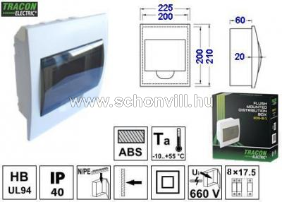 TRACON EDS-8/1 Elosztódoboz sülyesztett 1 sor/8 modul, füstszínű ajtó, IP42 1.