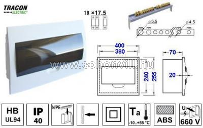 TRACON EDS-18/1 Elosztódoboz sülyesztett 1 sor/18 modul, füstszínű ajtó IP42 1.