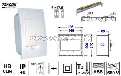 TRACON EDSN-4/1 Elosztódoboz sülyesztett 1 sor/4 modul, fehér ajtó, IP42 1.