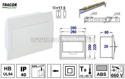 TRACON EDSN-12/1 Elosztódoboz sülyesztett 1 sor/12 modul, fehér ajtó IP42 1.