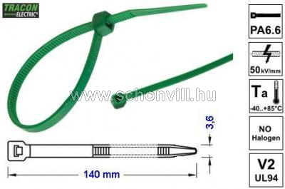 TRACON 150Z Normál kábelkötegelő, zöld 140×3.6mm, D=2-36mm, PA6.6 1.