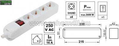 TRACON HUR-04K Újravezetékezhető, hordozható elosztósáv 4×SHUKO, max.16A, 230V 1.