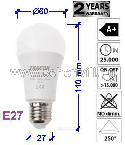 TRACON LA6015W A60 Gömb búrájú LED fényforrás 230V 50Hz 15W WW 2700°K E27 1620lm 250° A+ Ø60x110mm 1.