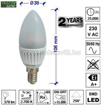 TRACON LGY5W Gyertya búrájú LED fényforrás tejüveg 230VAC 5W WW=2700°K, E14, 370lm, 250° sug.szög 1.