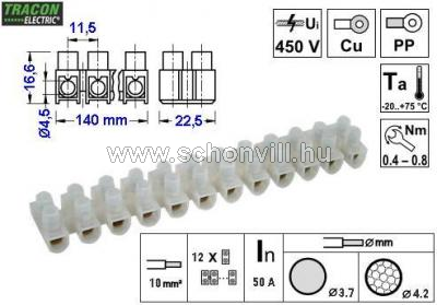 TRACON S15A-H-L Flex. nyomólemezes sorozatkapocs, H profil, 12 tag, natúr 10 mm2, 450 V, 50 A, PP 1.