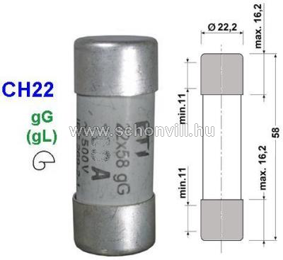 CH22 690V gG 16A Ø22x58mm 80kA C-rendszerű (hengeres) kisfeszültségű olvadóbetét 1.