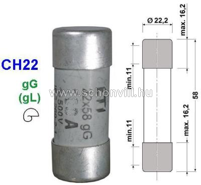 CH22 690V gG 20A Ø22x58mm 80kA C-rendszerű (hengeres) kisfeszültségű olvadóbetét 1.