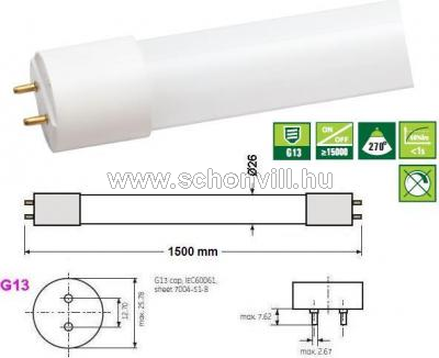 SPECTRUM 22308 LED-fénycső 24W, L=1500mm, 5500-6500°K hideg fehér, G13 2500lm 17000h 1.