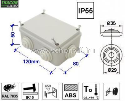 TRACON TQBY8125 Falon kívüli kötődoboz 80x120x50mm IP55 1.