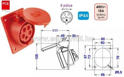 PCE 415-6 beépíthető 20°-os ferde dugalj 16A 5-pólus 400V 6h 1.