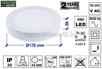 TR LED-DLF-12NW Falon kívüli LED mélysugárzó kerek fehér 85-265V AC; 12W 800lm Ø175mm 4000K IP20 1.