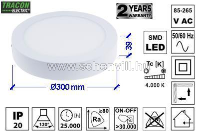 TR LED-DLF-28NW Falon kívüli LED mélysugárzó kerek fehér 85-265V AC; 28W 1800lm Ø300mm 4000K IP20 1.