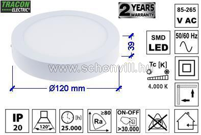 TRACON LED-DLF-6NW Falon kívüli LED mélysugárzó kerek fehér 85-265V AC; 6W 330lm Ø120mm 4000K IP20 1.