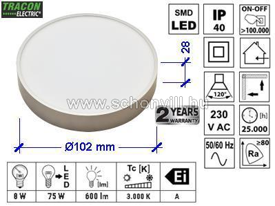 TRACON MFDS8W Műanyag búrás falon kívüli LED lámpatest ezüst peremmel 100-240VAC 8W 600lm 3000K 