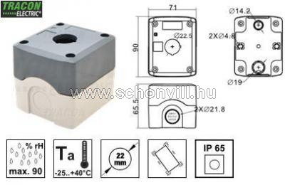 TRACON NYGD-1GR Összeállított tokozat nyomógombokhoz, szűrke, 1-es d=22,5, IP65, 2×PG-13,5 1.