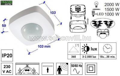 TRACON PRS46B Jelenlétérzékelő, fehér 230V, 360°, 1-20 m, 10 s-30 min, 3-2000lux, IP20 1.