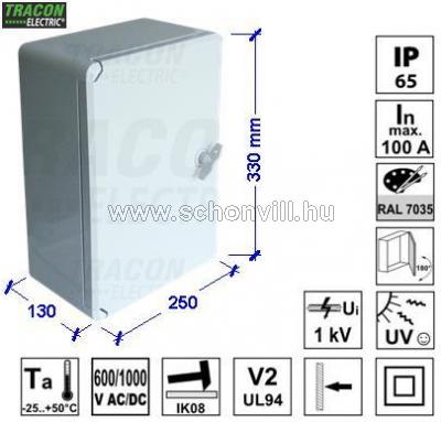 TRACON TME332513 Műanyag elosztószekrény H×W×H=330×250×130mm, IP65, IK08, 1000V AC/DC, RAL7035 1.