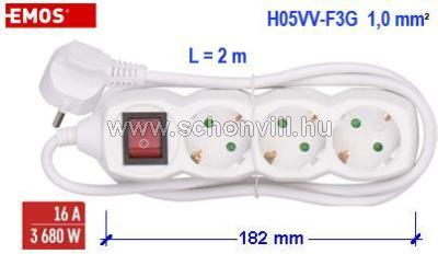 EMOS P1322 hosszabbító 3-as dugaljjal, 2m-es vezetékkel, kapcsolóval, SHUKO 1.