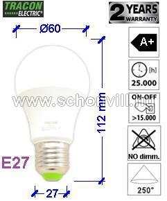 TRACON LA6010NW Gömb burájú LED fényforrás 230V, 50Hz, 10W, 4000°K, E27, 800 lm, 250°, A60, EEI=A+ 1.