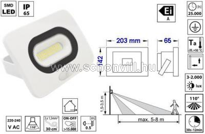 TRACON RSMDLFM50 fényvető mozgásérzékelővel fehér 50W 4000K IP65 220-240VAC 3750lm EEI=A 110° 3-10m 1.