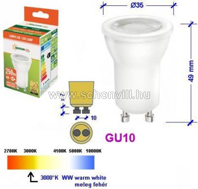 SPECTRUM 14106 LED-es fényforrás 230V 4W 38° GU10 WW meleg fehér 250lm 17000h Ø35x49mm 1.