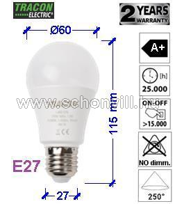 TRACON LA6012W Gömb burájú LED fényforrás 230 V, 50 Hz, 12 W, 3000 K, E27,1430 lm, 180°, A60, EEI=A+ 1.