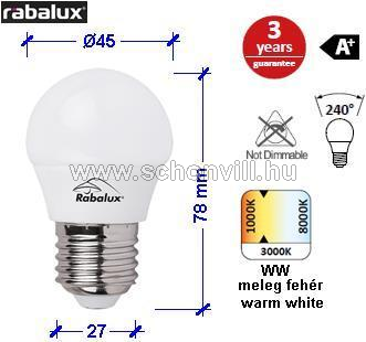 RÁBALUX 1615 LED kisgömb E27 230V 5W 400lm 3000°K Ø45x78mm HKD-val 1.