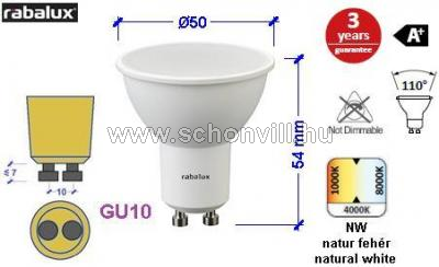 RÁBALUX 1690 LED GU10 230V 7W 595lm 4000°K Ø50x54mm HKD-val 1.